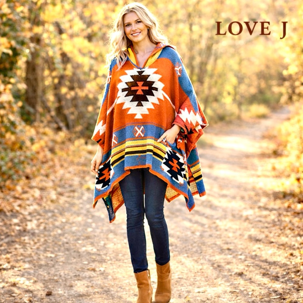 Love J Southwestern Hooded Poncho Woven Geometric Navajo Blanket Sweater Size OS